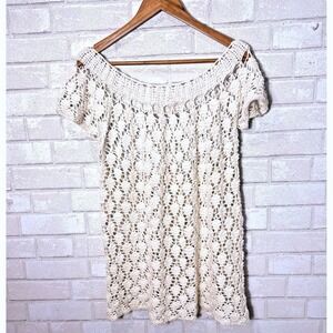 Vintage Handmade Crochet Open Knit Sweater Top Large Boho Coastal Cottage Beach